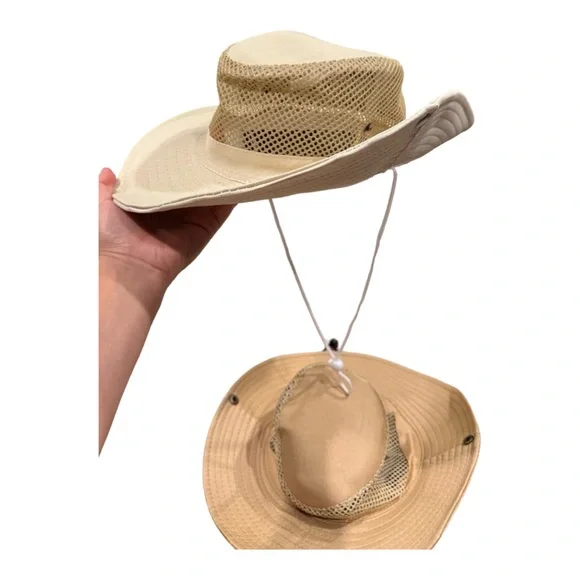 Beige Wide-Brim Outdoor Hat – Mesh Ventilation & Chin Strap - Picture 6 of 10